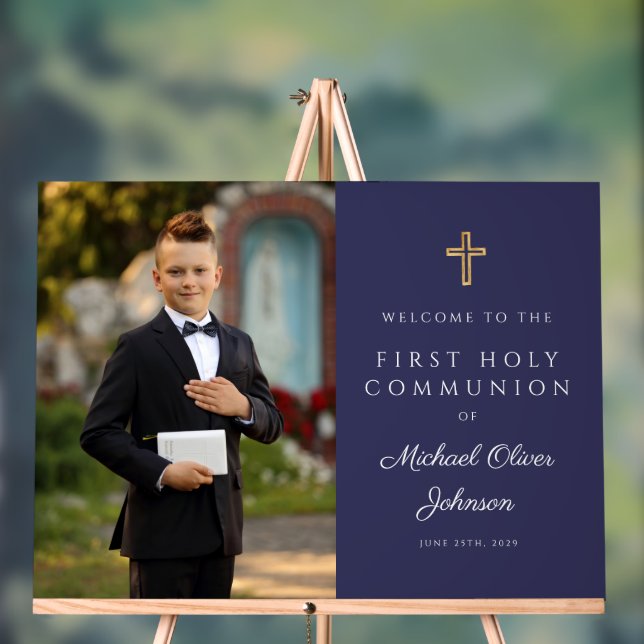 Panneau En Acrylique Navy Blue Boy Photo First Communion Welcome (Neutre)