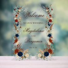 Navy Blue & Florales Orange Brûlé Mariage Bienvenu