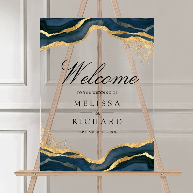 Panneau En Acrylique Navy Blue Gold Abstract Ink Wedding Welcome (Créateur téléchargé)