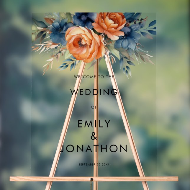 Panneau En Acrylique Navy Burnt Orange Florals Welcome Wedding  (Neutre)