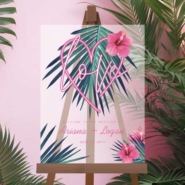 Panneau En Acrylique Neon rose Coeur Aimer Tropical Floral Palm Mariage (Neon Pink Heart Love Tropical Floral Palm Wedding Acrylic Sign)