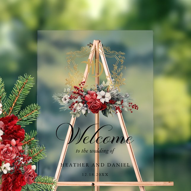 Panneau En Acrylique Noël Floral Crest Monogramme Mariage Bienvenue (Créateur téléchargé)