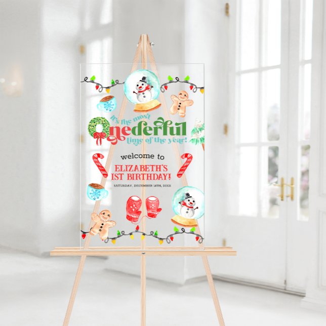 Panneau En Acrylique Noël le plus ONEDERFUL Premier anniversaire (Cute Christmas Most ONEDERFUL First Birthday Acrylic Sign)