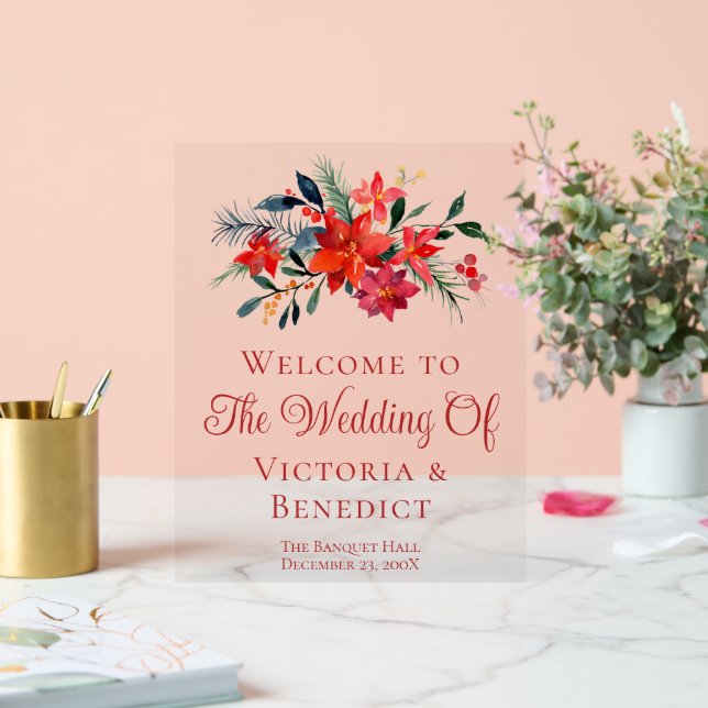Panneau En Acrylique Noël Rouge Poinsettia Floral Mariage Bienvenue (Mariage)