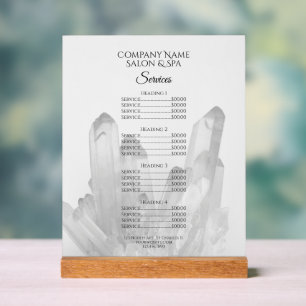Panneau En Acrylique Noir et Blanc cristal Salon Spa Services Menu