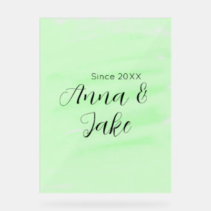 Panneau En Acrylique nom de couple de mariage date vert aquarelle paste