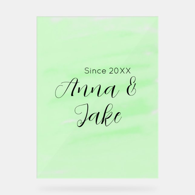Panneau En Acrylique nom de couple de mariage date vert aquarelle paste (Recto)