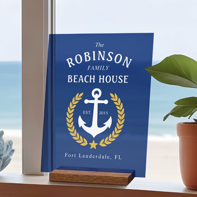 Panneau En Acrylique Nom de famille Beach House Ancre Gold Laurel Marin (Créateur téléchargé)