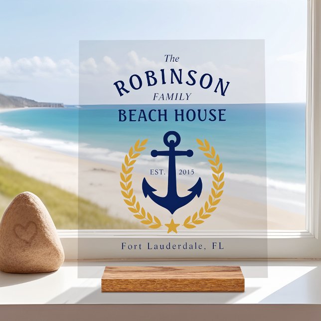 Panneau En Acrylique Nom de famille Beach House Ancre Gold Laurel Star (Créateur téléchargé)