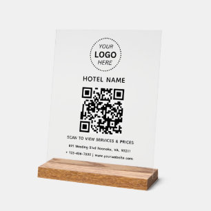 Panneau En Acrylique Nom de l'hôtel Logo et code QR Services Tarifs Dét