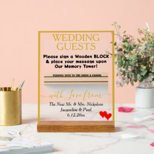 Panneau En Acrylique Noms de blocs en bois Mariage or Coeurs rouges
