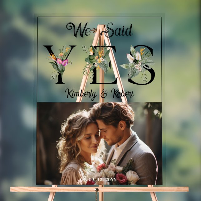 Panneau En Acrylique Nous Avons Dit Oui Fleurs Tropicales Lettres Photo (Neutre)