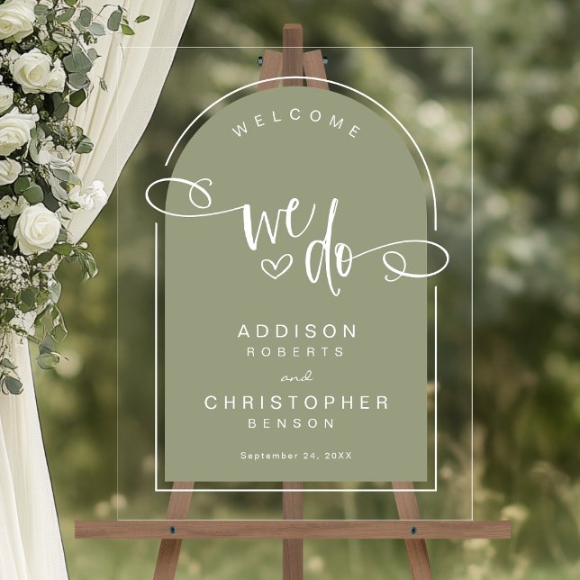 Panneau En Acrylique Nous faisons Sage Green Script Mariage moderne Acc (Shown on an 18" x 24" acrylic sign)