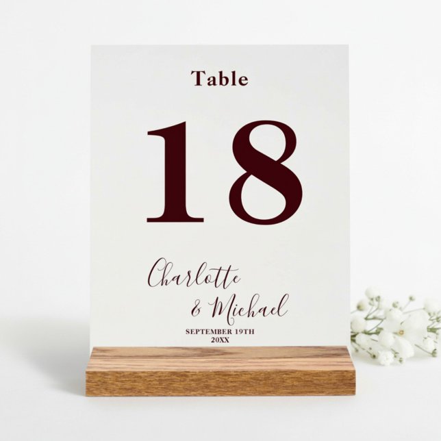 Panneau En Acrylique Numéro de table de mariage élégant bordeaux profon (Créateur téléchargé)