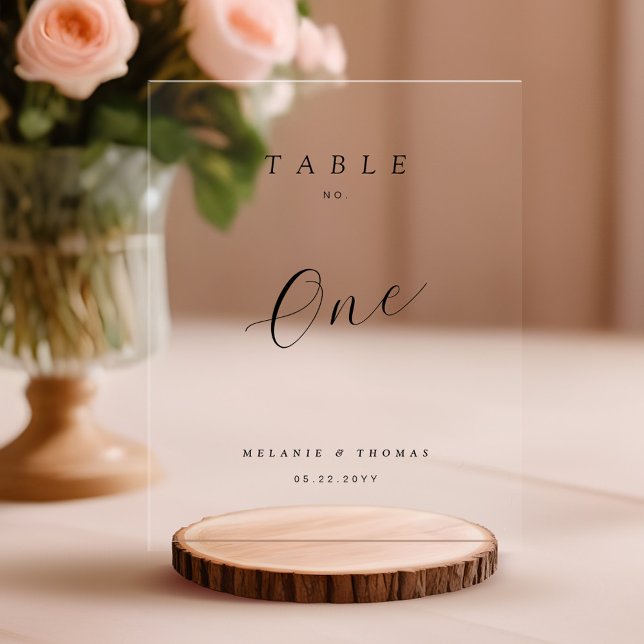Panneau En Acrylique Numéro de table de script noir élégant minimal Mar (Minimal Wedding Elegant Black Script Table Number Acrylic Sign)