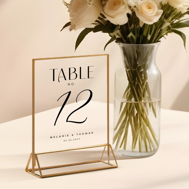 Panneau En Acrylique Numéro de table du Mariage de script de pinceau bl (Modern White Brush Script Wedding Table Number Acrylic Sign)