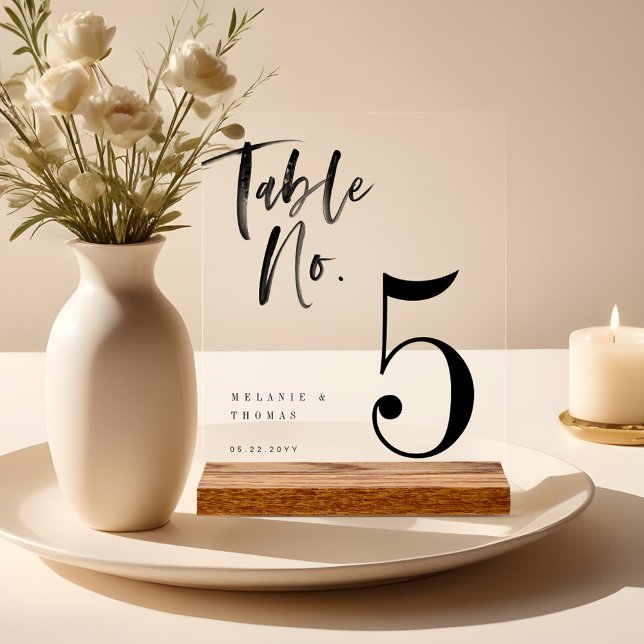Panneau En Acrylique Numéro de table du Mariage de script de pinceau no (Modern Black Brush Script Wedding Table Number Acrylic Sign)