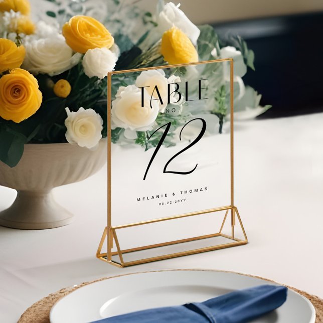 Panneau En Acrylique Numéro de table minimal Elegant Black Script Maria (Minimal Elegant Black Script Wedding Table Number Acrylic Sign)