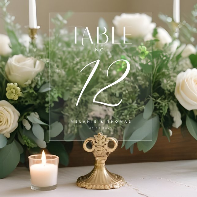 Panneau En Acrylique Numéro de table minimal Elegant White Script Maria (Minimal Elegant Black Script Wedding Table Number Acrylic Sign)