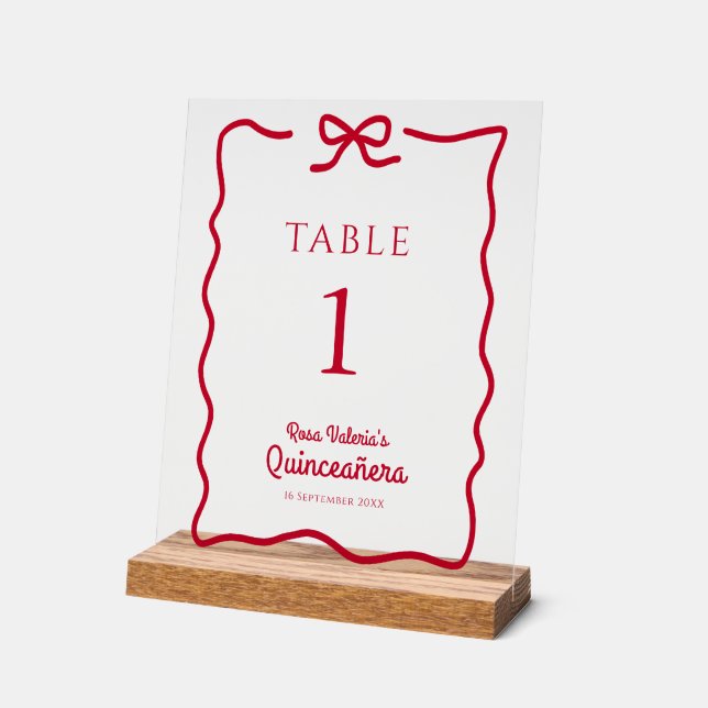 Panneau En Acrylique Numéros de table Quinceañera Red Bow personnalisés (Angle)