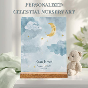 Panneau En Acrylique Nurserie Lune & Nuages Nom de Bébé Personnalisé