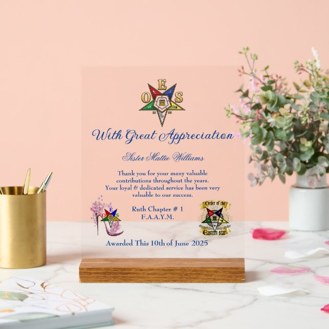 Panneau En Acrylique OES Appréciation Award Symbole acrylique (Mariage)