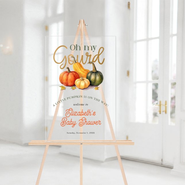 Panneau En Acrylique Oh Mon Gourd Petit Baby shower Citrouille Bienvenu (Oh My Gourd Little Pumpkin Baby Shower Welcome Acrylic Sign. #fallbabyshower #ohmygourd #babyshower)