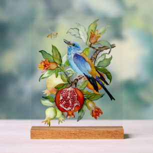 Panneau En Acrylique Oiseau bleu parmi les grenades Botanique à l'aquar