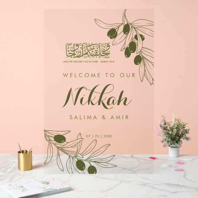 Panneau En Acrylique Olive Green Branches Nikkah Acrylic Sign (Mariage)