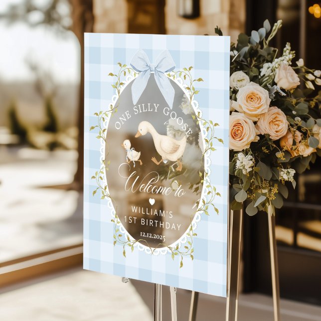 Panneau En Acrylique One Silly Goose Blue Gingham Birthday Welcome (Créateur téléchargé)