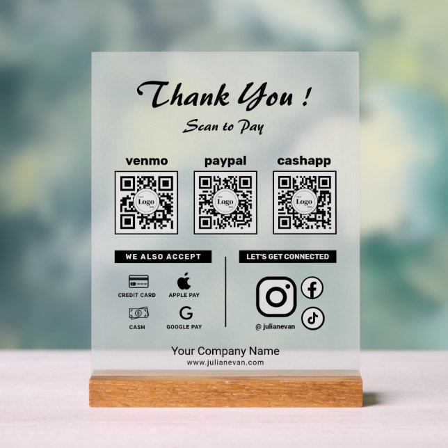 Panneau En Acrylique Opaque Clean Scan to pay 3 QR Codes Thank you  (Neutre)