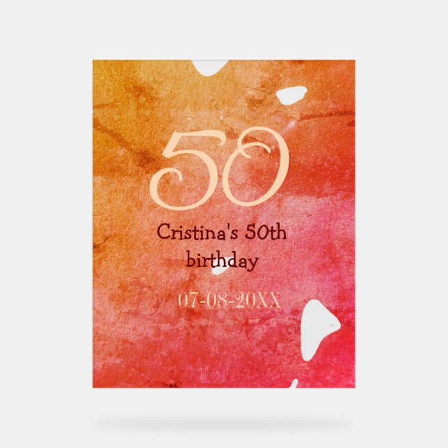 Panneau En Acrylique Orange rouge 50 anniversaire ajouter nom date p (Recto)
