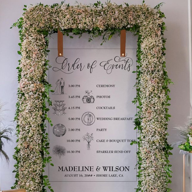 Panneau En Acrylique Ordre mariage des événements Icônes Calligraphie C (Clear acrylic wedding order of events sign with timeline icons and calligraphy by Darling & May)
