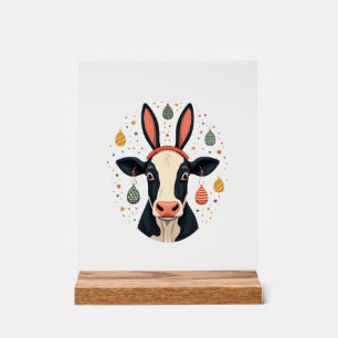 Panneau En Acrylique Oreilles de lapin de vache de Pâques vintage Œuf d