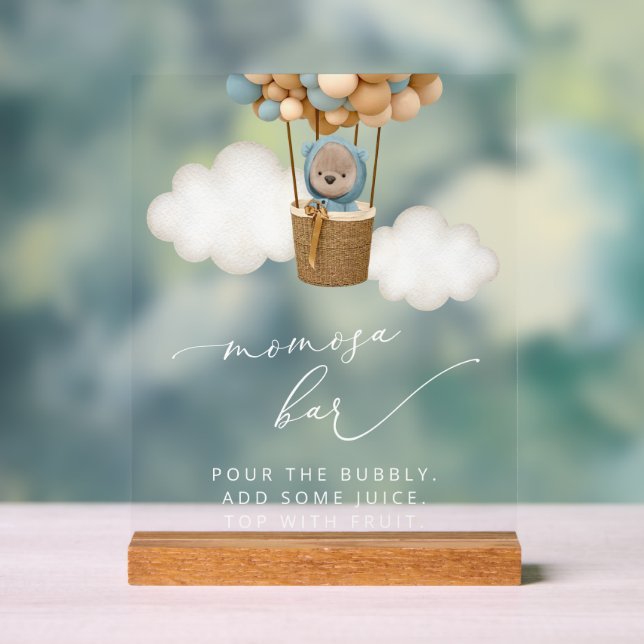 Panneau En Acrylique Ours, Ballons Bleus, Ballons À Air Chaud, Bar Momo (Neutre)