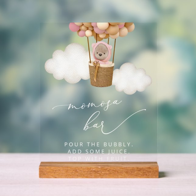 Panneau En Acrylique Ours, Ballons Roses, Ballons À Air Chaud, Bar Momo (Neutre)