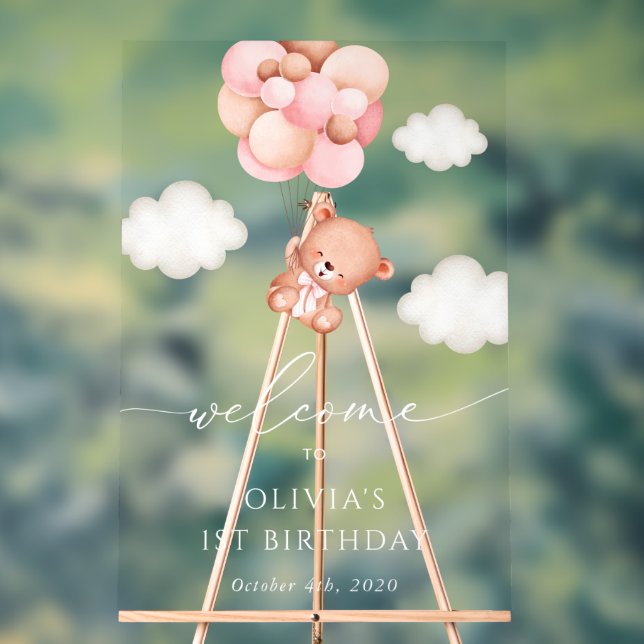 Panneau En Acrylique Ours Bébé, Ballons Roses, Accueil Premier Annivers (Neutre)