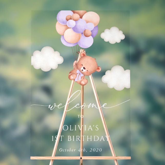 Panneau En Acrylique Ours de bébé, Ballons pourpres, Bienvenue pour le  (Neutre)