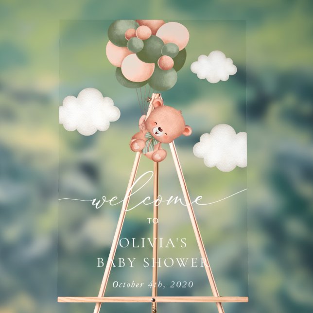 Panneau En Acrylique Ours En Conflit, Ballons Verts, Baby shower D'Accu (Neutre)