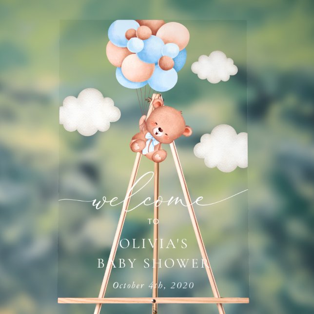 Panneau En Acrylique Ours En Teddy, Ballons Bleus, Baby shower D'Accuei (Neutre)