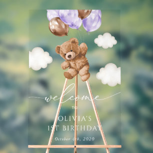 Panneau En Acrylique Ours mignon, Ballons pourpres, Bienvenue pour le p