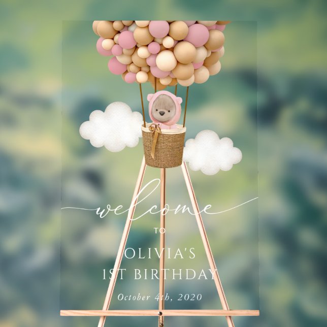 Panneau En Acrylique Ours mignon, Ballons roses, Bienvenue pour le prem (Neutre)