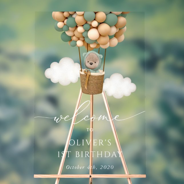Panneau En Acrylique Ours mignon, Ballons verts, Bienvenue pour le prem (Neutre)