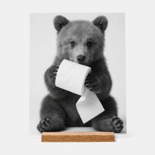 Panneau En Acrylique Ours mignon tenant du papier toilette, humour mini