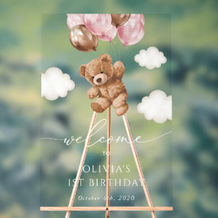 Panneau En Acrylique Ours Teddy, Ballons Roses, Accueil Premier Anniver