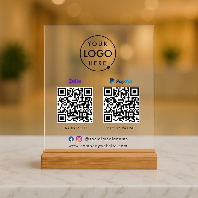 Panneau En Acrylique Paiement de code QR | Logo d'analyse Paypal Zelle  (Versatile digital payment tabletop signs for sales, retail stores, salons, pop-ups, events & more!)
