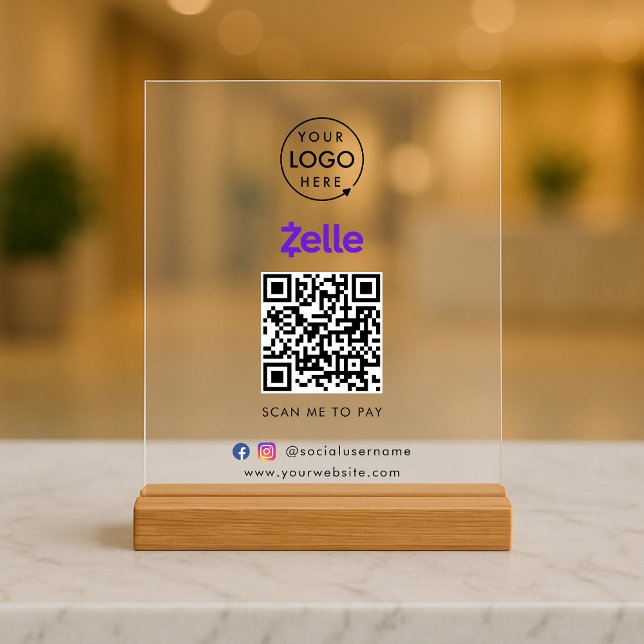 Panneau En Acrylique Paiement de code QR Zelle | Analyser pour payer le (Interactive "scan to pay” QR code cash wrap acrylic sign for collecting digital payment by Zelle.)