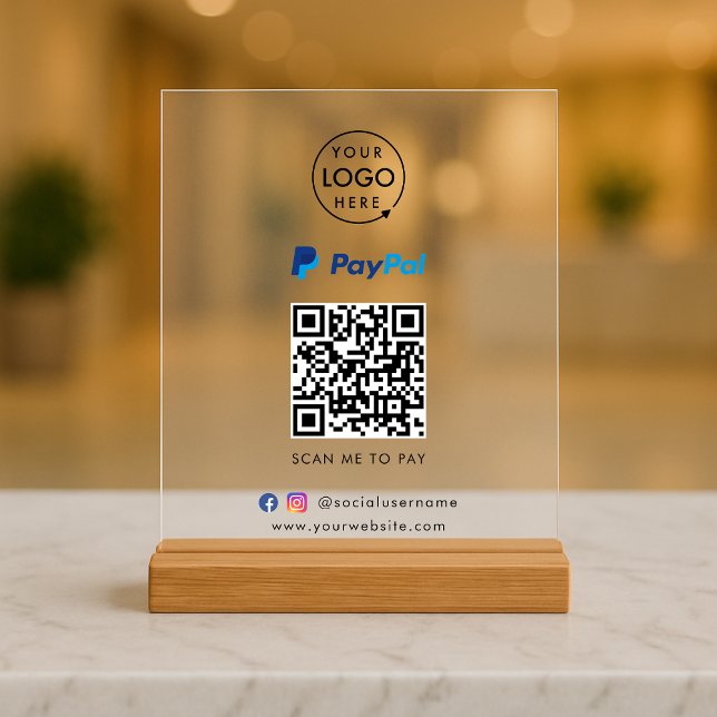 Panneau En Acrylique Paiement du code QR Paypal | Analyser pour payer l (Interactive "scan to pay” QR code cash wrap table signage for collecting digital payment by Paypal.)
