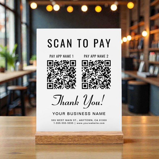 Panneau En Acrylique Paiement par scan de 2 codes QR sur présentoir (Scan to Pay 2 QR Codes Tabletop Acrylic Sign)