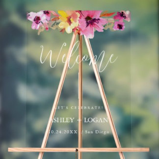 Panneau En Acrylique Panneau acrylique de bienvenue du Mariage floral